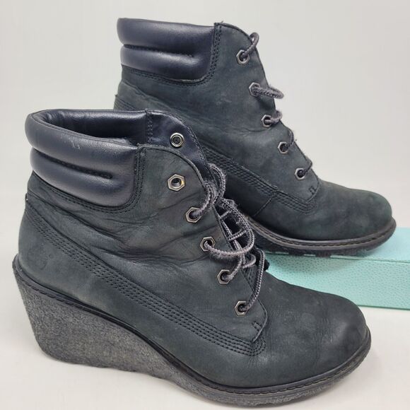 Timberland Boots Amston 6 Ankle Bootie Black Womens 6.5 Lace Wedge Heels 8253A - Picture 4 of 7